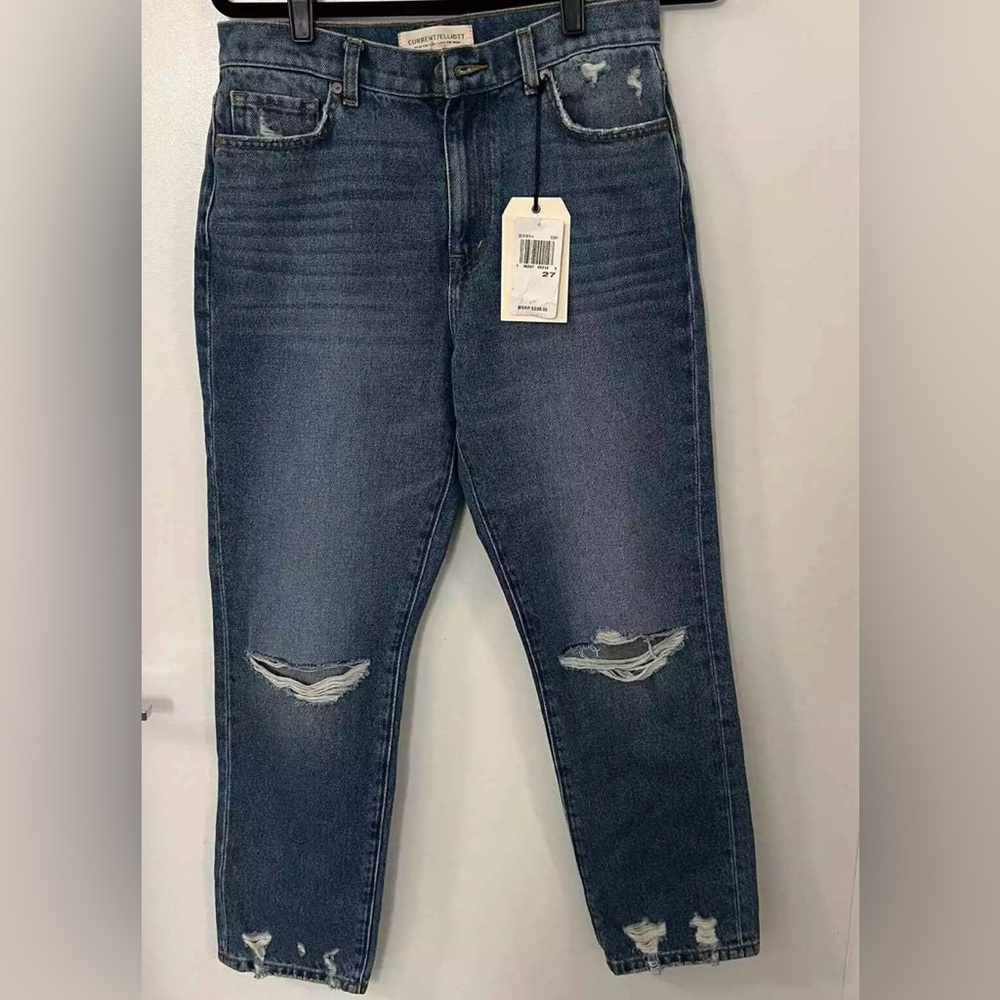 NEW Size 25 Current/Elliott High Rise Straight Leg Distressed Cloudburst Jeans